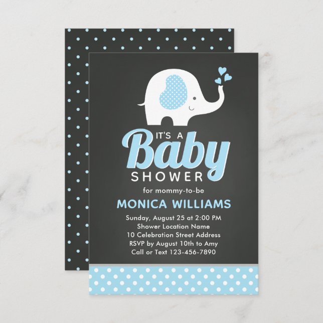 Invitación Baby Shower Cute Blue Black Chalkboard Elephant (Anverso / Reverso)