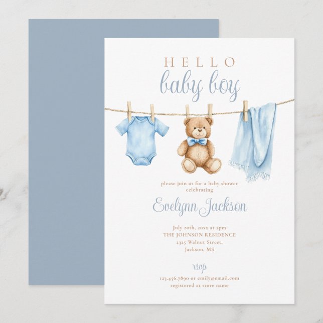 Invitación Baby Shower Cute Blue Boy Clothesline (Anverso / Reverso)
