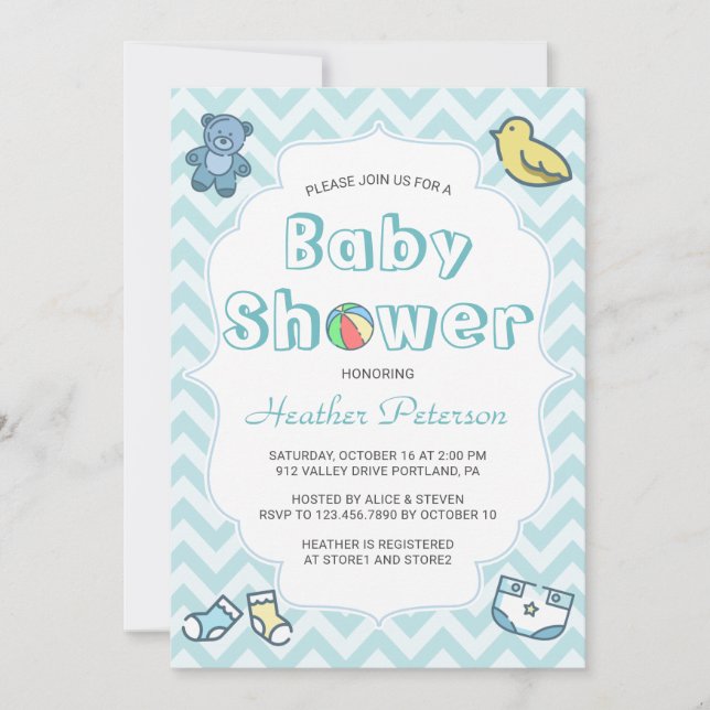 Invitación Baby Shower Cute Blue Chevron (Anverso)