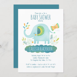 Invitación Baby Shower Cute Blue Elephant