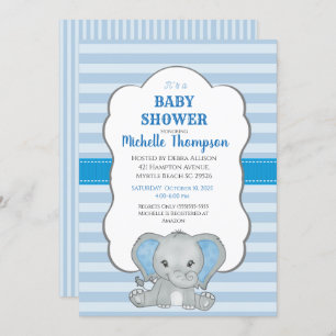 Invitación Baby Shower Cute Blue Elephant Boys
