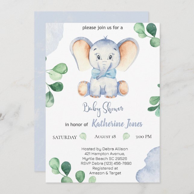 Invitación Baby Shower Cute Blue Elephant Boys (Anverso / Reverso)