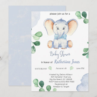 Invitación Baby Shower Cute Blue Elephant Boys
