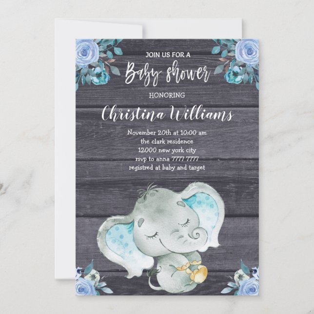 Invitación Baby Shower Cute Blue Elephant Rustic Boy (Anverso)