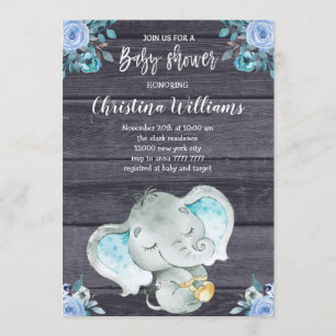 Invitación Baby Shower Cute Blue Elephant Rustic Boy