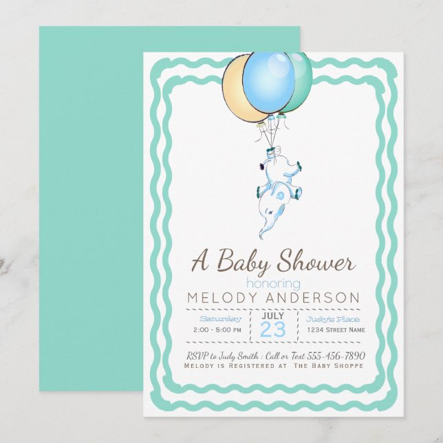 Invitación Baby Shower Cute Blue Elephant y Balloons (Anverso / Reverso)
