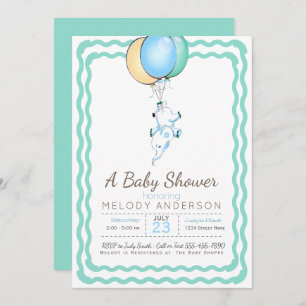 Invitación Baby Shower Cute Blue Elephant y Balloons