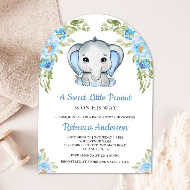 Invitación Baby Shower Cute Blue Floral Elephant Arch (Subido por el creador)