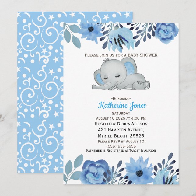 Invitación Baby Shower Cute Blue Floral Sleeping Elephant (Anverso / Reverso)