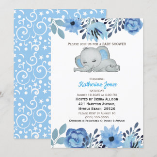 Invitación Baby Shower Cute Blue Floral Sleeping Elephant