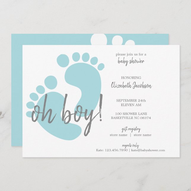 Invitación Baby Shower Cute Blue Footprints (Anverso / Reverso)
