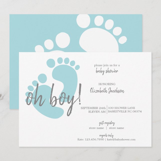 Invitación Baby Shower Cute Blue Footprints (Anverso / Reverso)