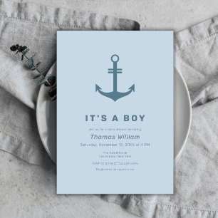 Invitación Baby Shower Cute Blue Simple Nautical Anchor