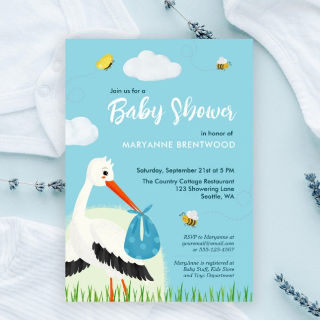 Invitación Baby Shower Cute Blue Stork (Sky blue baby shower or baby sprinkle custom invitation template with stork, bees and butterflies)
