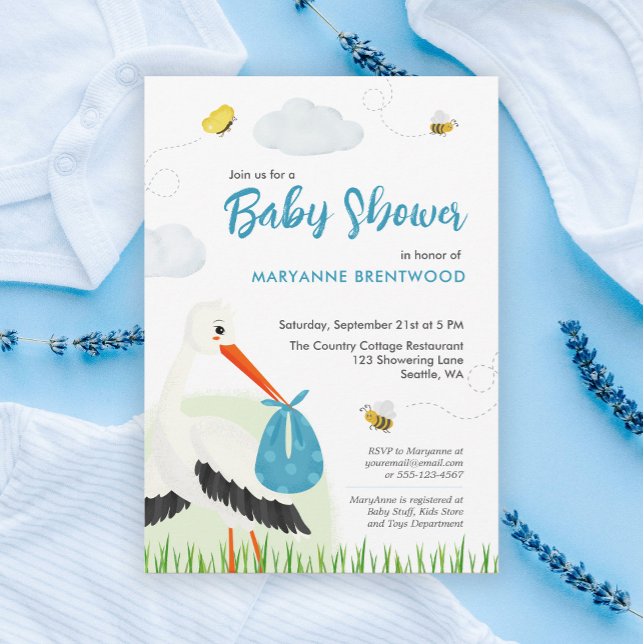 Invitación Baby Shower Cute Blue Stork (Blue stork baby shower or baby sprinkle boy theme invitation template personalized )