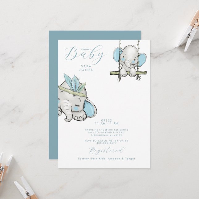 Invitación Baby Shower Cute Blue Watercolor Elephant (Anverso/Reverso In Situ)
