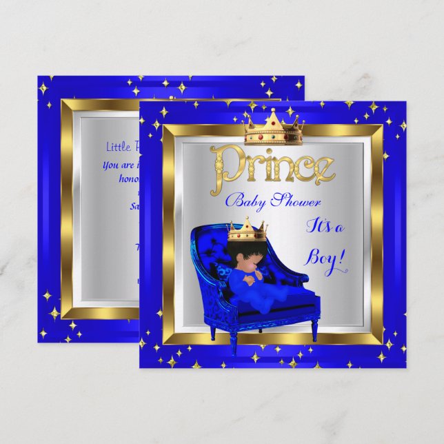 Invitación Baby Shower Cute Boy Prince Royal Blue Chair A (Anverso / Reverso)