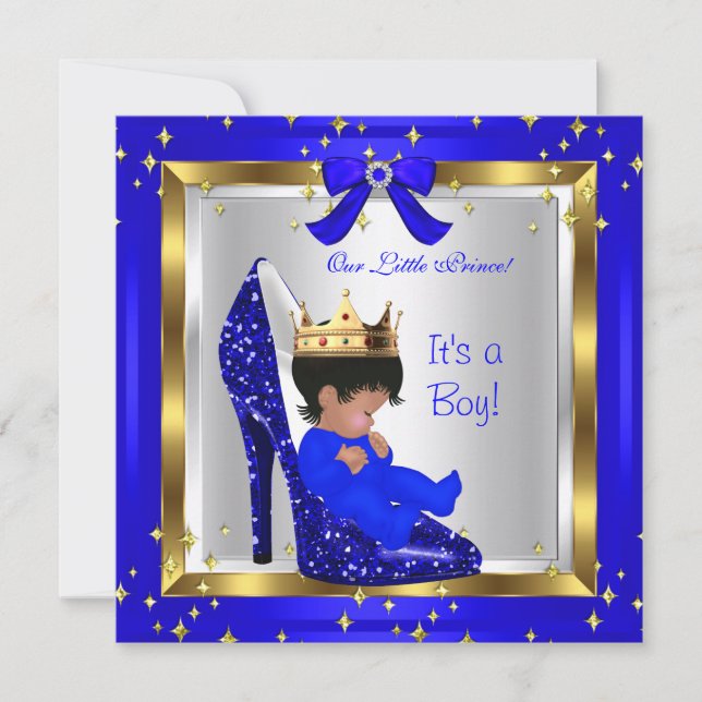 Invitación Baby Shower Cute Boy Prince Royal Blue Shoes 4 (Anverso)