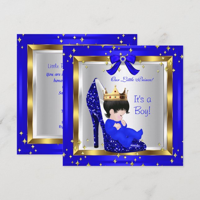 Invitación Baby Shower Cute Boy Prince Royal Blue Shoes 6 (Anverso / Reverso)