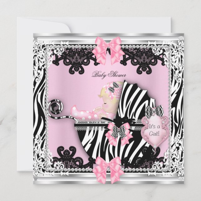 Invitación Baby Shower Cute Chica Zebra Pram Blona Baby Girl (Anverso)