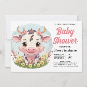Invitación Baby Shower Cute Cow con color de agua encantado