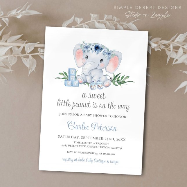 Invitación Baby Shower Cute Elephant Blue Floral Boy (Cute Elephant Baby Shower Invitation with Blue Floral and Greenery, Calligraphy Script)