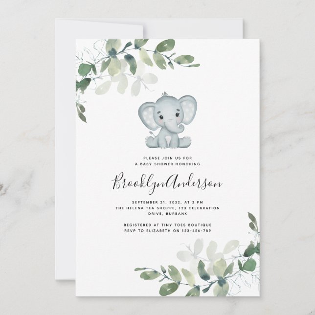 Invitación Baby Shower Cute Elephant Eucalyptus (Anverso)