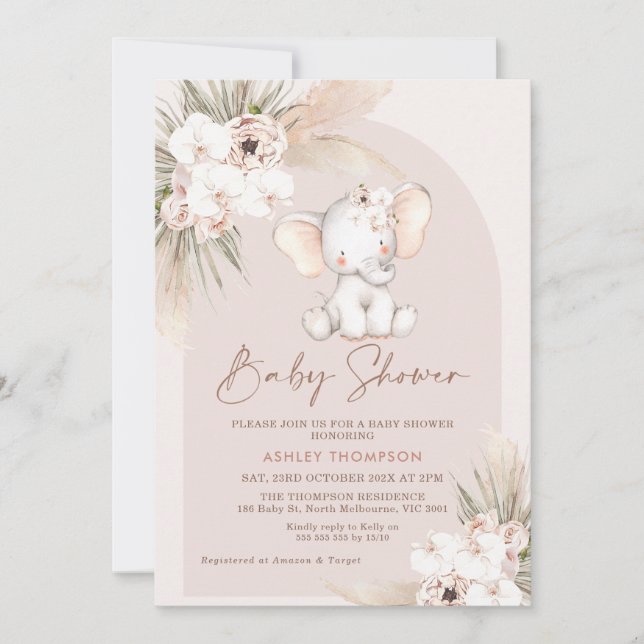 Invitación Baby Shower Cute Elephant Floral Boho Arch (Anverso)