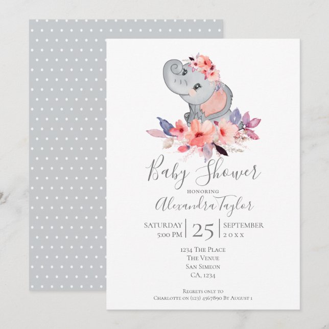 Invitación Baby Shower Cute Elephant personalizado (Anverso / Reverso)