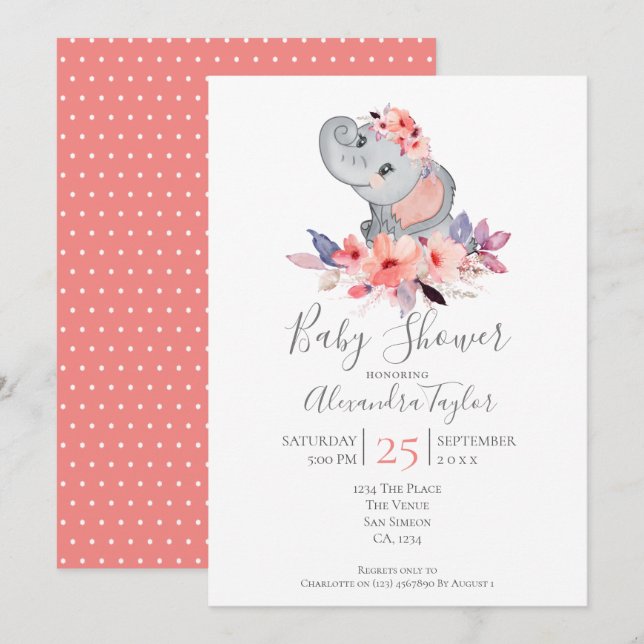 Invitación Baby Shower Cute Elephant personalizado (Anverso / Reverso)