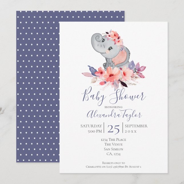 Invitación Baby Shower Cute Elephant personalizado (Anverso / Reverso)