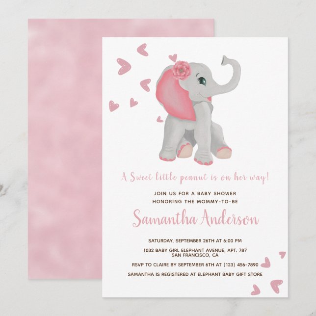 Invitación Baby Shower Cute Elephant Pink Floral (Anverso / Reverso)