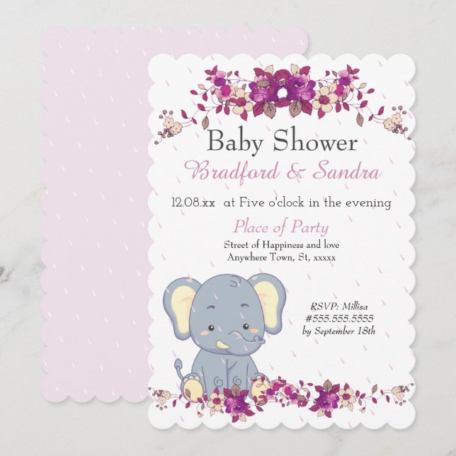 Invitación Baby Shower Cute Elephant Pink Floral (Anverso / Reverso)