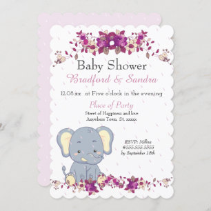 Invitación Baby Shower Cute Elephant Pink Floral