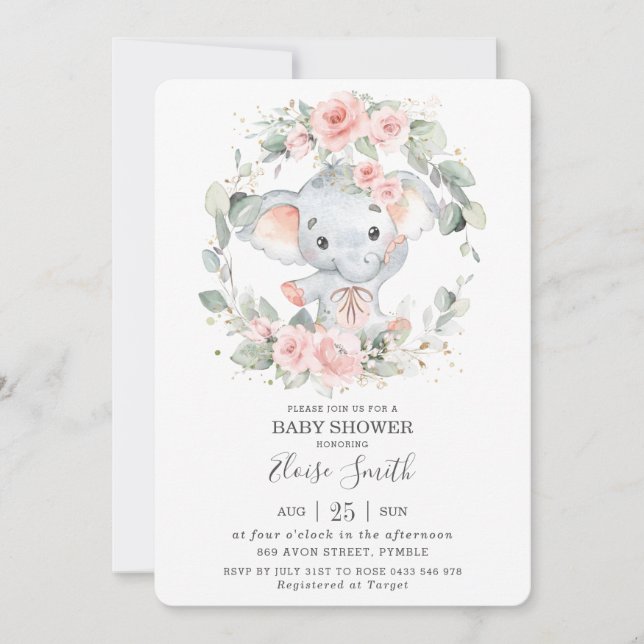 Invitación Baby Shower Cute Elephant Pink Floral Greeneration (Anverso)
