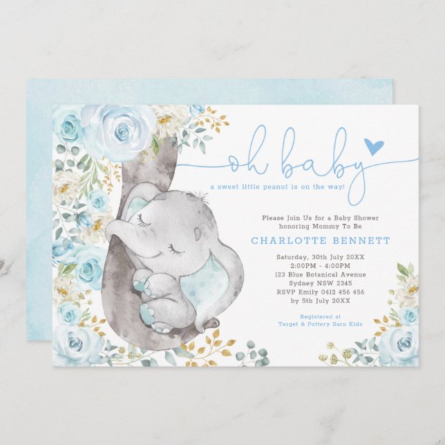 Invitación Baby Shower Cute Elephant Soft Blue Floral Boy (Anverso / Reverso)