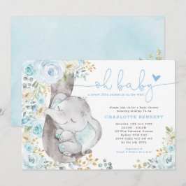 Invitación Baby Shower Cute Elephant Soft Blue Floral Boy