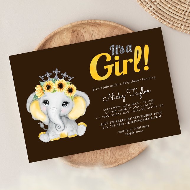 Invitación Baby Shower Cute Elephant Sunflower (Subido por el creador)