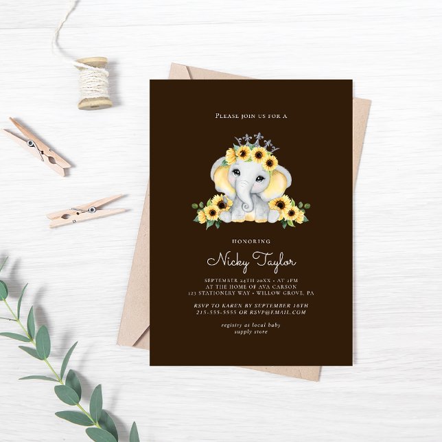 Invitación Baby Shower Cute Elephant Sunflower (Subido por el creador)