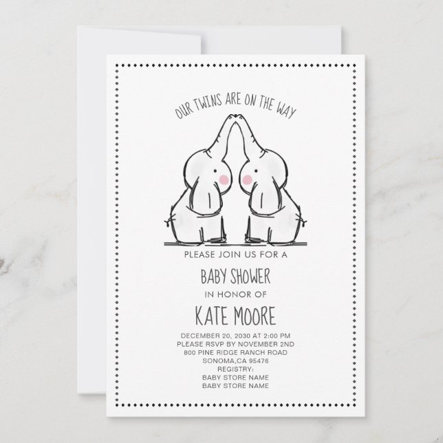 Invitación Baby Shower Cute Elephant Twins (Anverso)