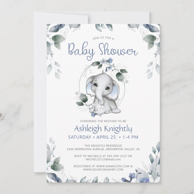 Invitación Baby Shower Cute Elephant Watercolor Greenery (Anverso)