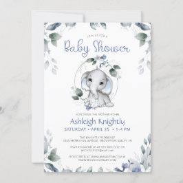 Invitación Baby Shower Cute Elephant Watercolor Greenery