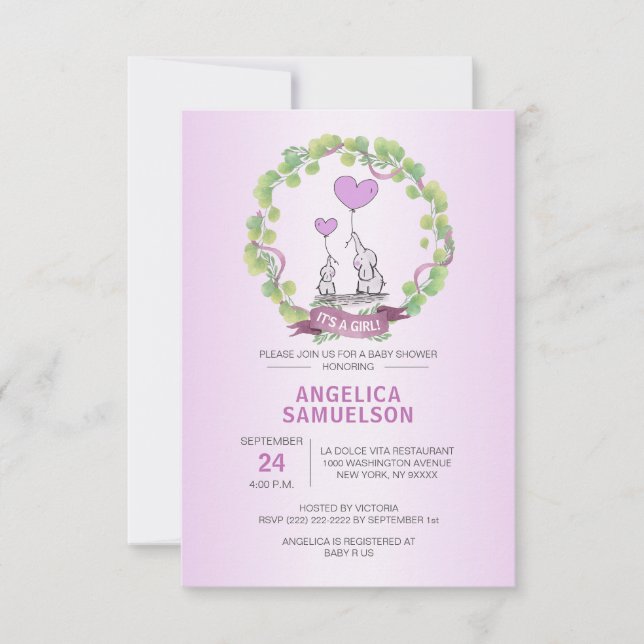 Invitación Baby Shower Cute Elephant Wreath Purple Lavender (Anverso)