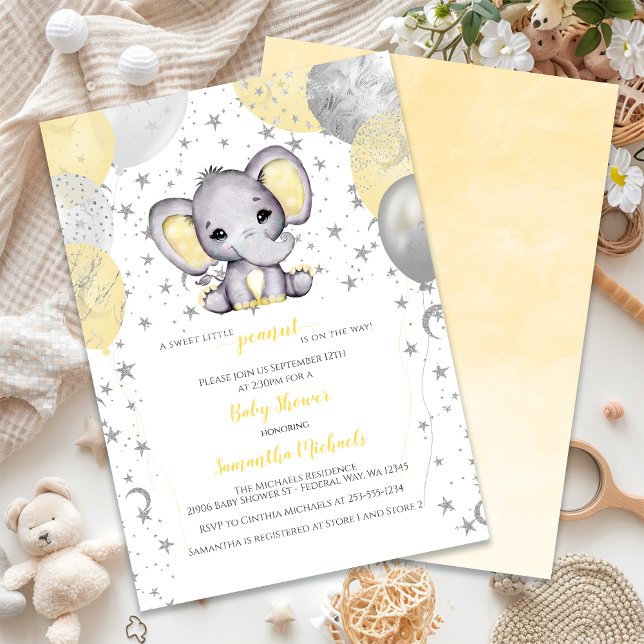 Invitación Baby Shower Cute Elephant Yellow Balloons (Cute Elephant Yellow Balloons Baby Shower Invitation)