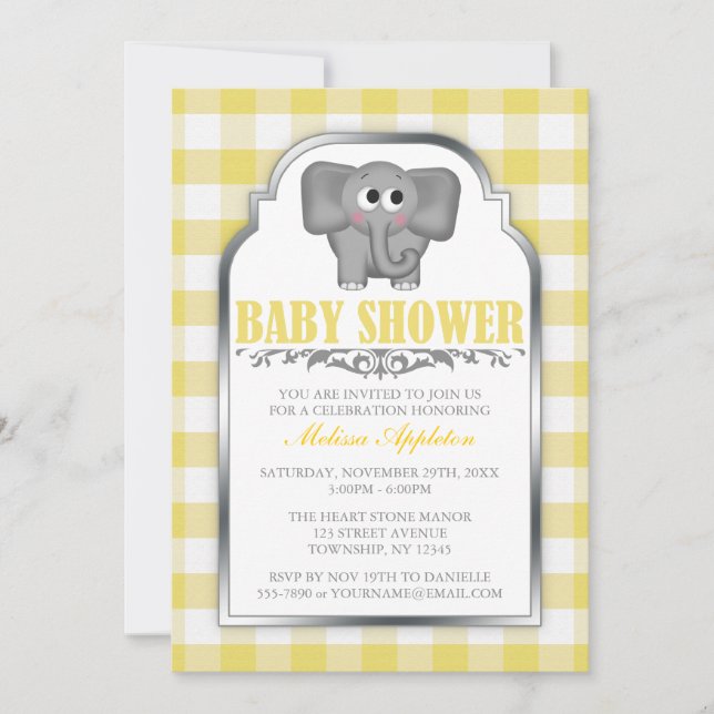 Invitación Baby Shower Cute Elephant Yellow Gingham (Anverso)
