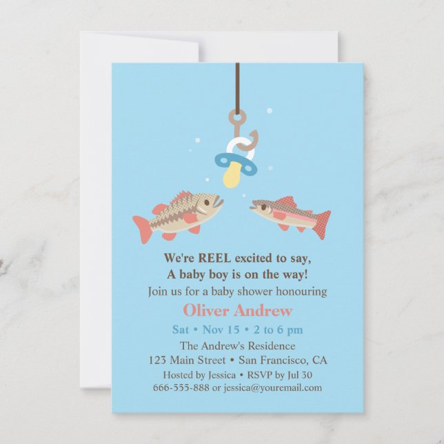Invitación Baby Shower Cute Fish Bait Bass y Trout (Anverso)