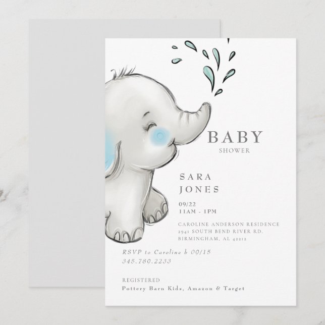 Invitación Baby Shower Cute Grey Elephant (Anverso / Reverso)