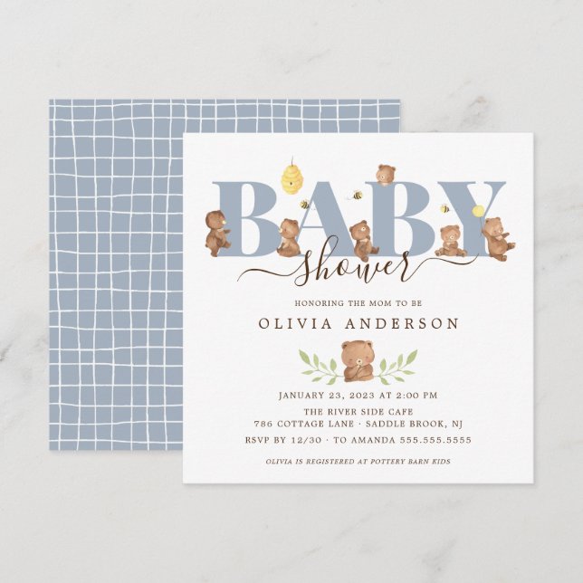 Invitación Baby Shower Cute Honey Bear (Anverso / Reverso)
