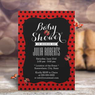 Invitación Baby Shower Cute Ladybugs Black & Red Dots
