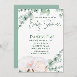 Invitación Baby Shower Cute Lamb Greenery